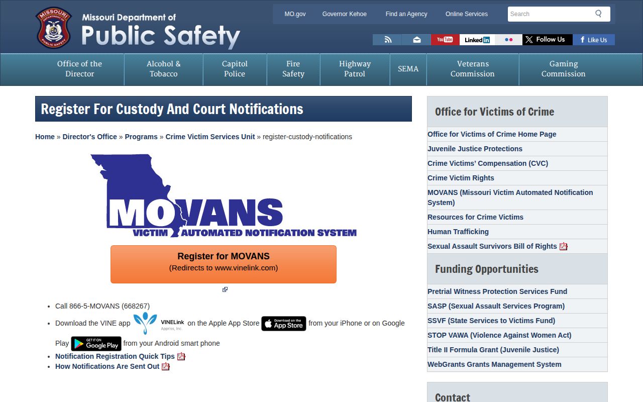 Dallas County custody notification record search route through Missouri MOVANS